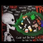 Anti-drug poster showing a skeleton breathing out drugs